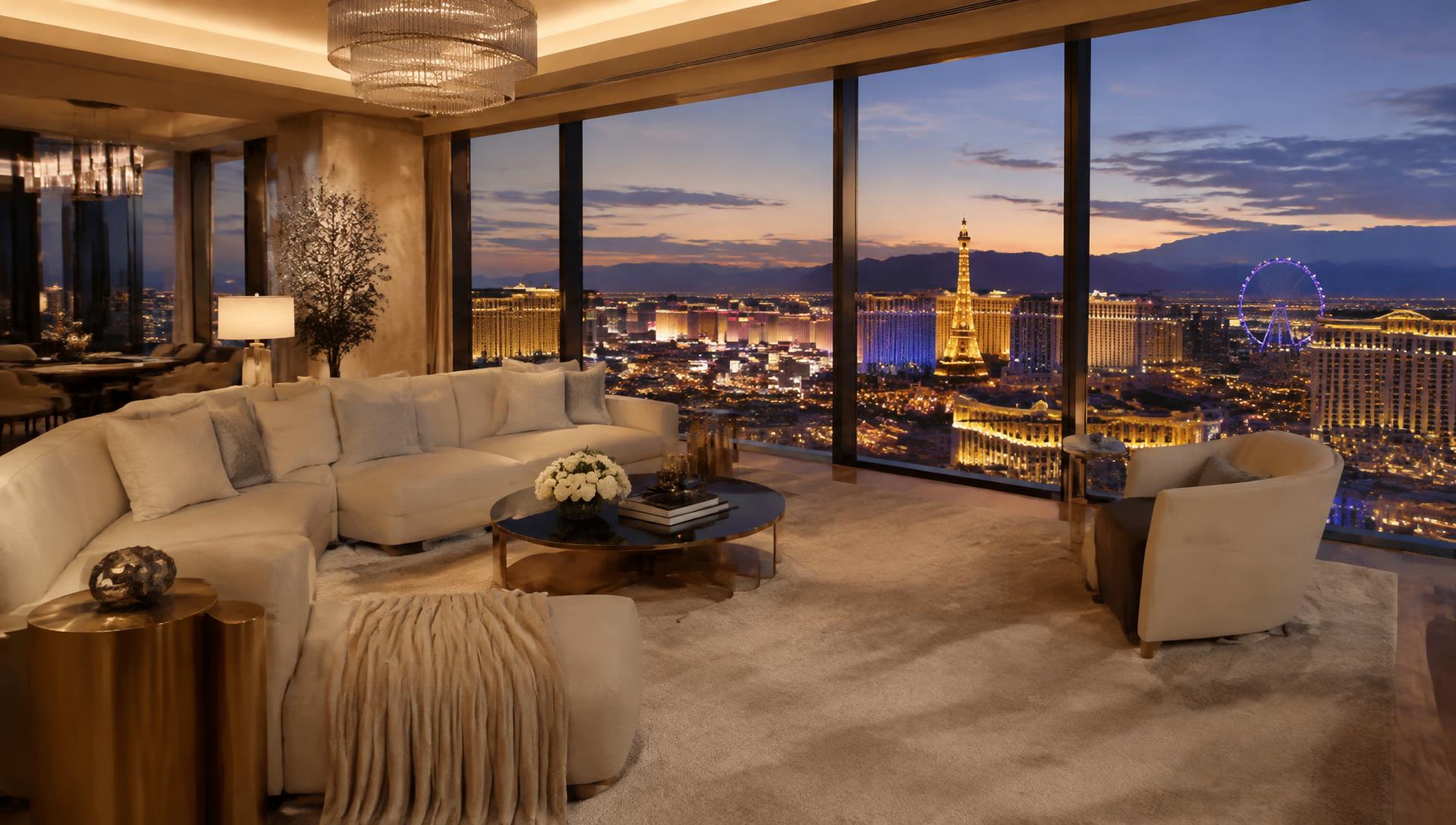 Luxury high-rise living room with panoramic views of the Las Vegas Strip at dusk