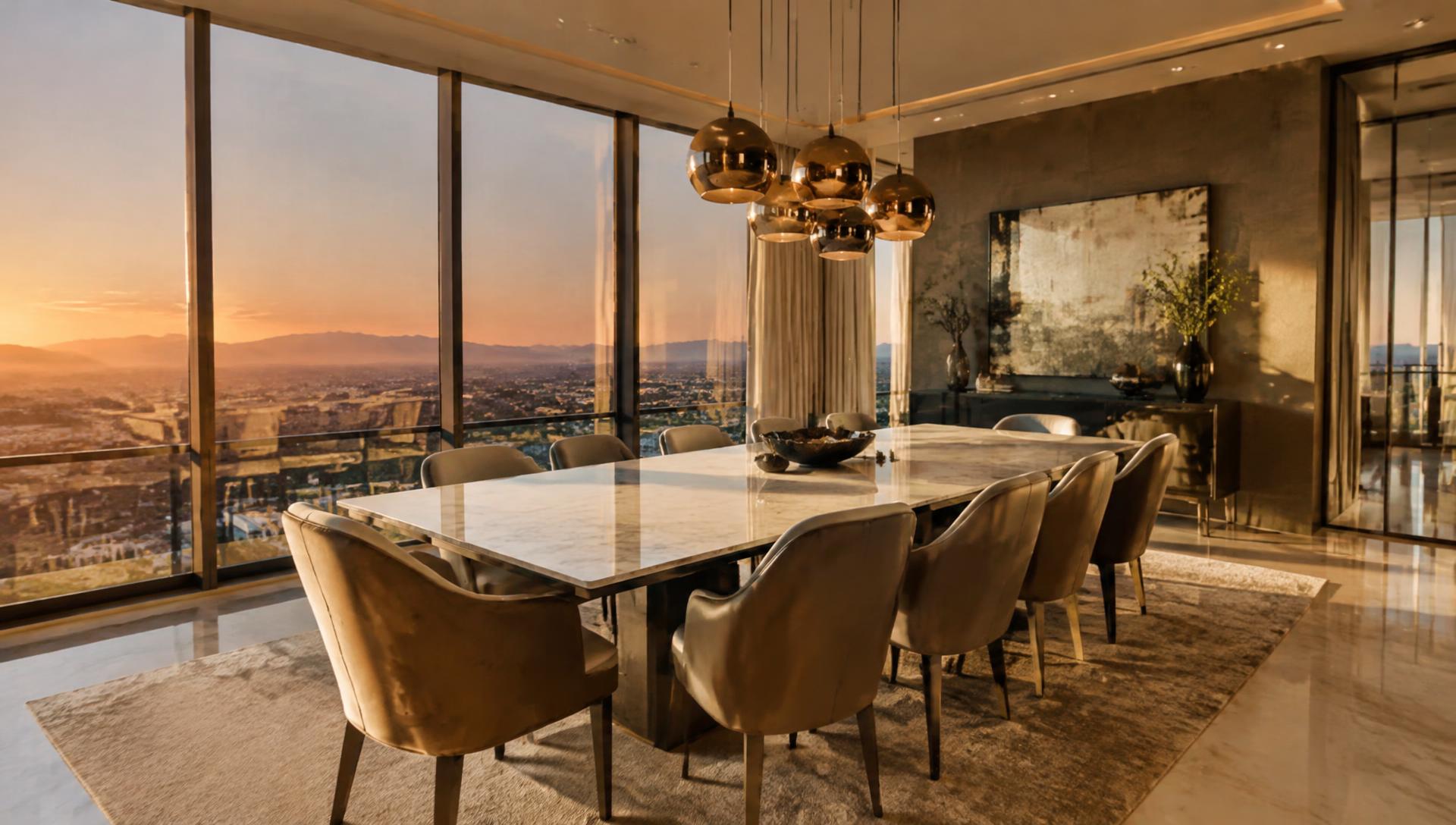 Condo dining room with marble table and bronze pendants at golden hour