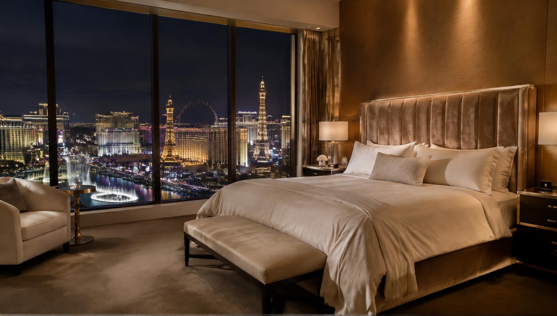 Penthouse bedroom with velvet headboard and night view of the Las Vegas Strip